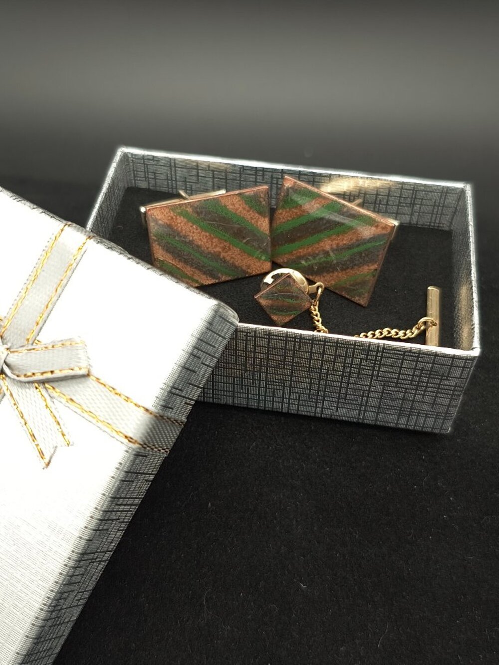 Vintage Enamel On Copper Artisan Signed Cufflinks Tie Tack Set